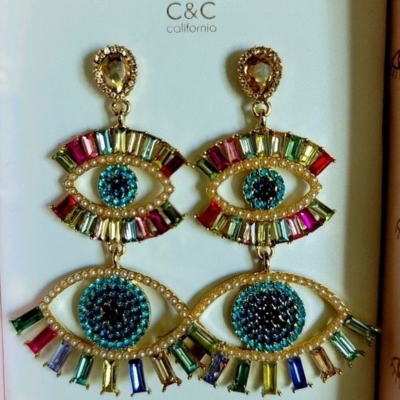 New C & C California Earrings Evil Eye Colored Jewel Rhinestone Dangle - Picture 5 of 7